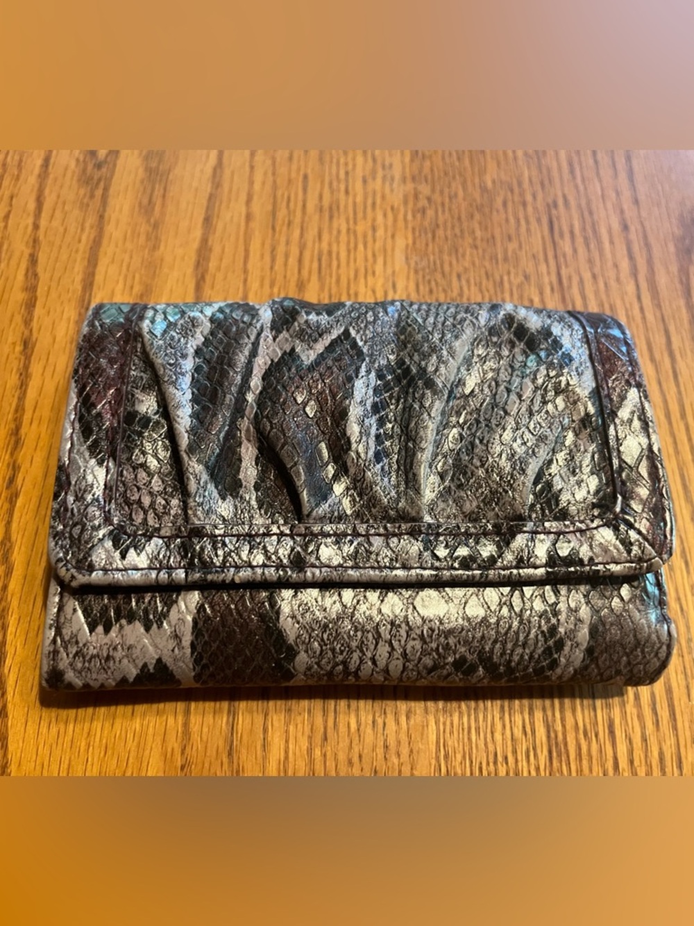 Snake-Embossed Foldover Wallet Clutch in Brown and Gray